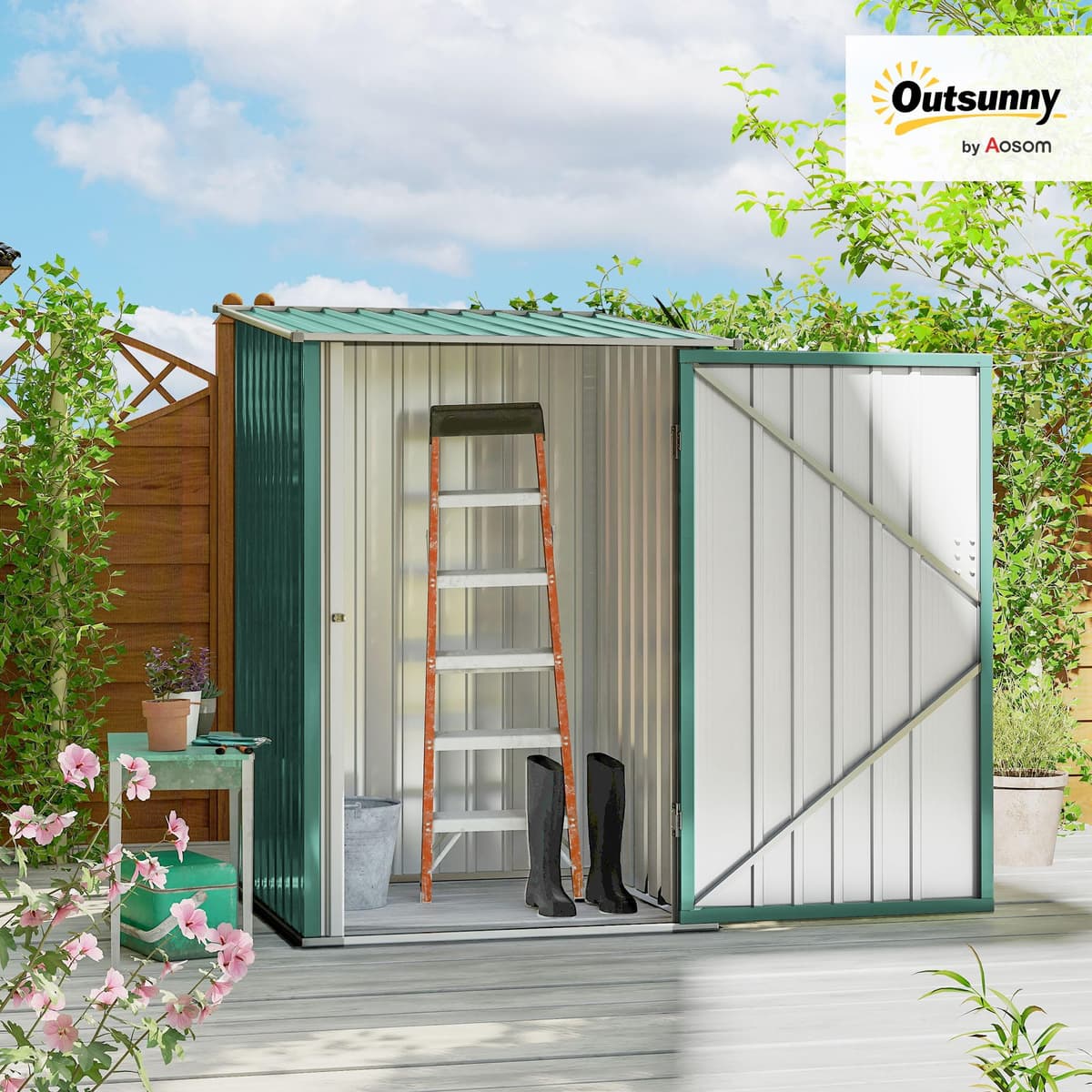 Outsunny Cobertizo de Jardín de Exterior 0,92 m² 100x103x160 cm Caseta de Jardín Metálica con 1 Puerta y Cerradura para Almacenamiento de Herramientas en Patio Terraza Verde — view 2