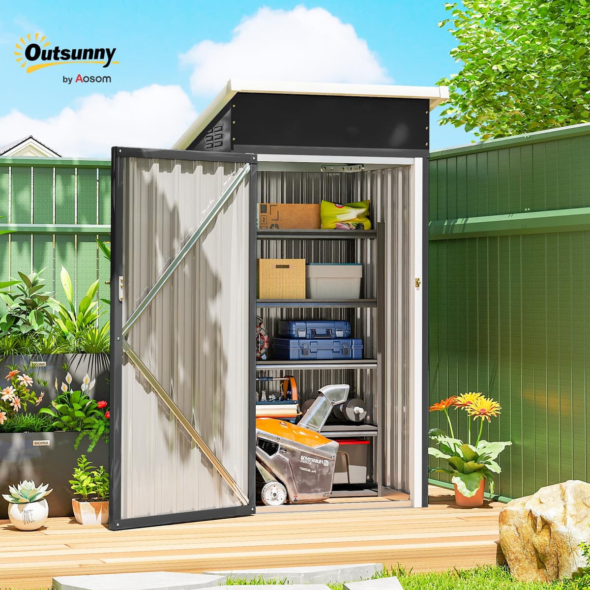 Outsunny Caseta de Jardín Exterior 0,74 m², 107,5x91x185 cm, Cobertizo de Jardín Exterior Metálico con Techo Inclinado, Puerta con Cerradura y Ventilaciones para Almacenamiento de Herramientas, Gris — view 2