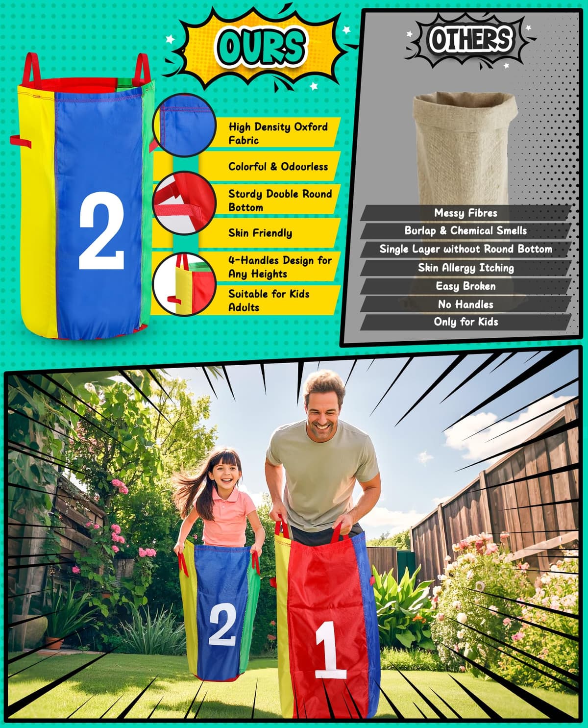 Eocolz Outdoor Carnival Games, Potato Sack Bags for Kids Adults, Egg Spoon Relay Race, 3 Legged Race Bands, Catch Tail Games, Birthday Party, Field Day Family Day Yard Lawn Easter Fall Festival Games — view 5
