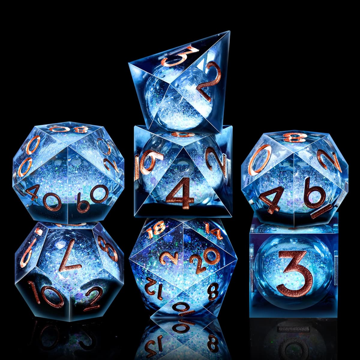 SIQUK 7 Piezas Dados Nucleo Liquido Juego Dados Poliedricos D4 D6 D8 D10 D12 D20 D% DND Dice para RPG MTG Dungeons and Dragons, Azul & Negro, Dorado — view 2