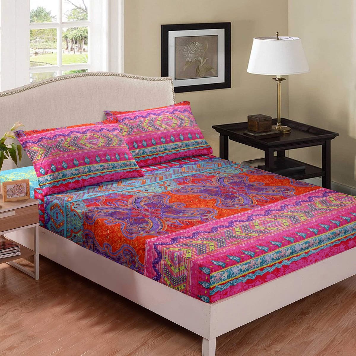Loussiesd Juego de sábanas estilo bohemio tribal a rayas multicolores, tamaño Super King, 3 piezas, microfibra súper suave, sábana bajera de calce profundo, 2 fundas de almohada, para adultos y niños