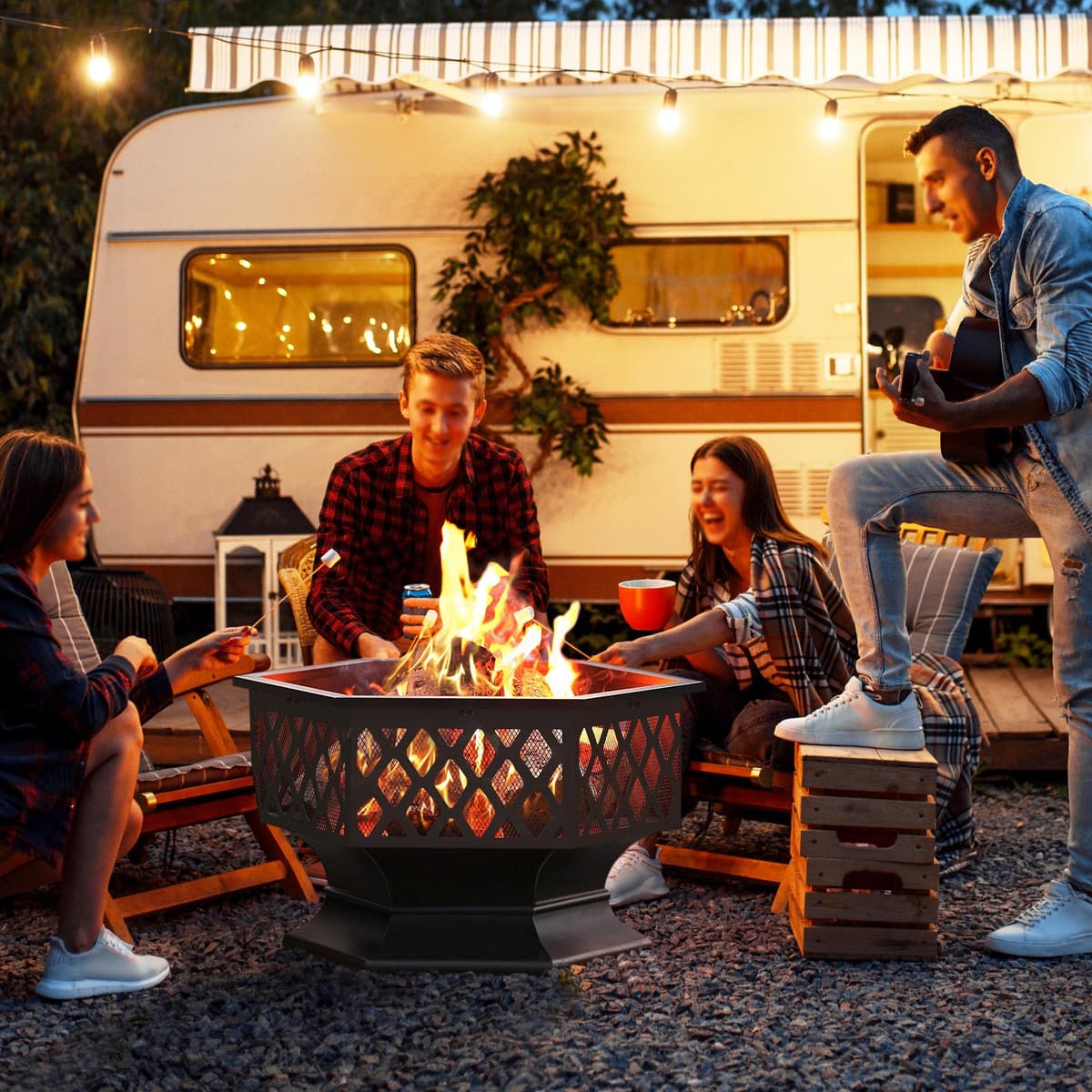 Yaheetech 66cm Fire Pit Hex-Shaped Wood Burning Outdoor Fire Bowl for Camping, Fire Pits for Garden with Spark Screen & Fire Poker — view 2