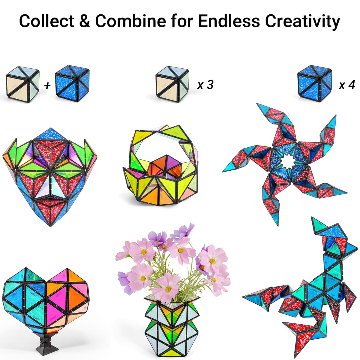 TOSY Magnet Pyramid Glow - 1 Cube Transforms into 1 Billion Shapes (Bunny, Egg Basket, Flowers, Heart), Easter Birthday Gift, 12 pcs, 243 Magnets, Glowing, Holographic Design, Puzzle/STEM Toy — view 10
