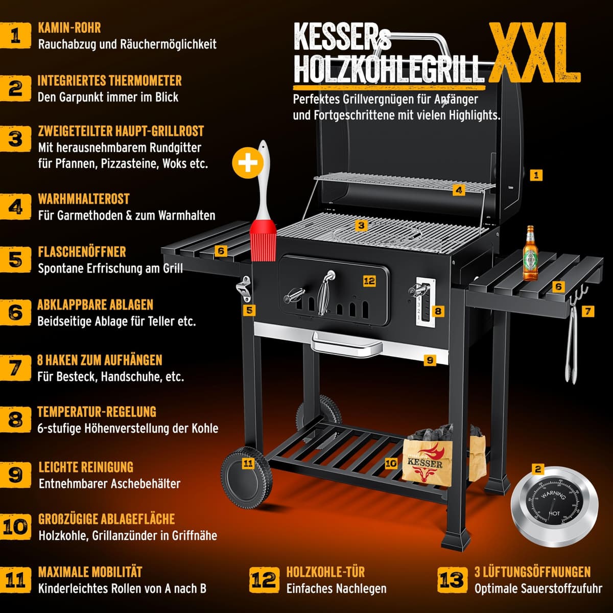 KESSER® Parilla de Carbón con Carrito Grill con Tapa, Ruedas, Mango de Acero Inoxidable | Barbacoa y Termómetro Carbón Grande BBQ Asador Camping, Terraza, Jardín XXL Negro — view 3