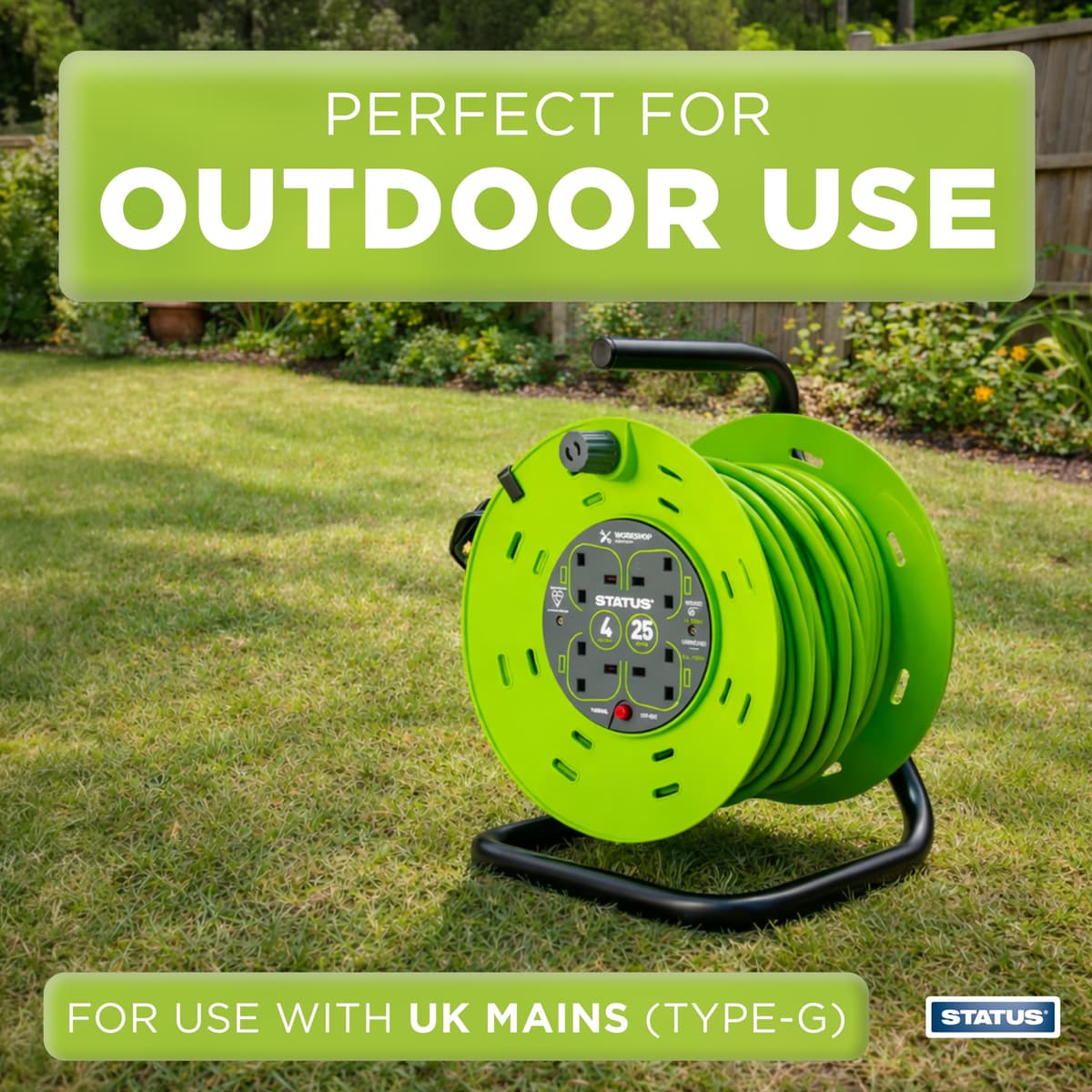 STATUS 4 Socket Cable Reel, 25m, Green, 13 Amp, Thermal Cut Out, Heavy Duty, Outdoor Extension Lead, Ideal for Garden, Workshop, DIY, Power Tools (S25M13ACR2) — view 3