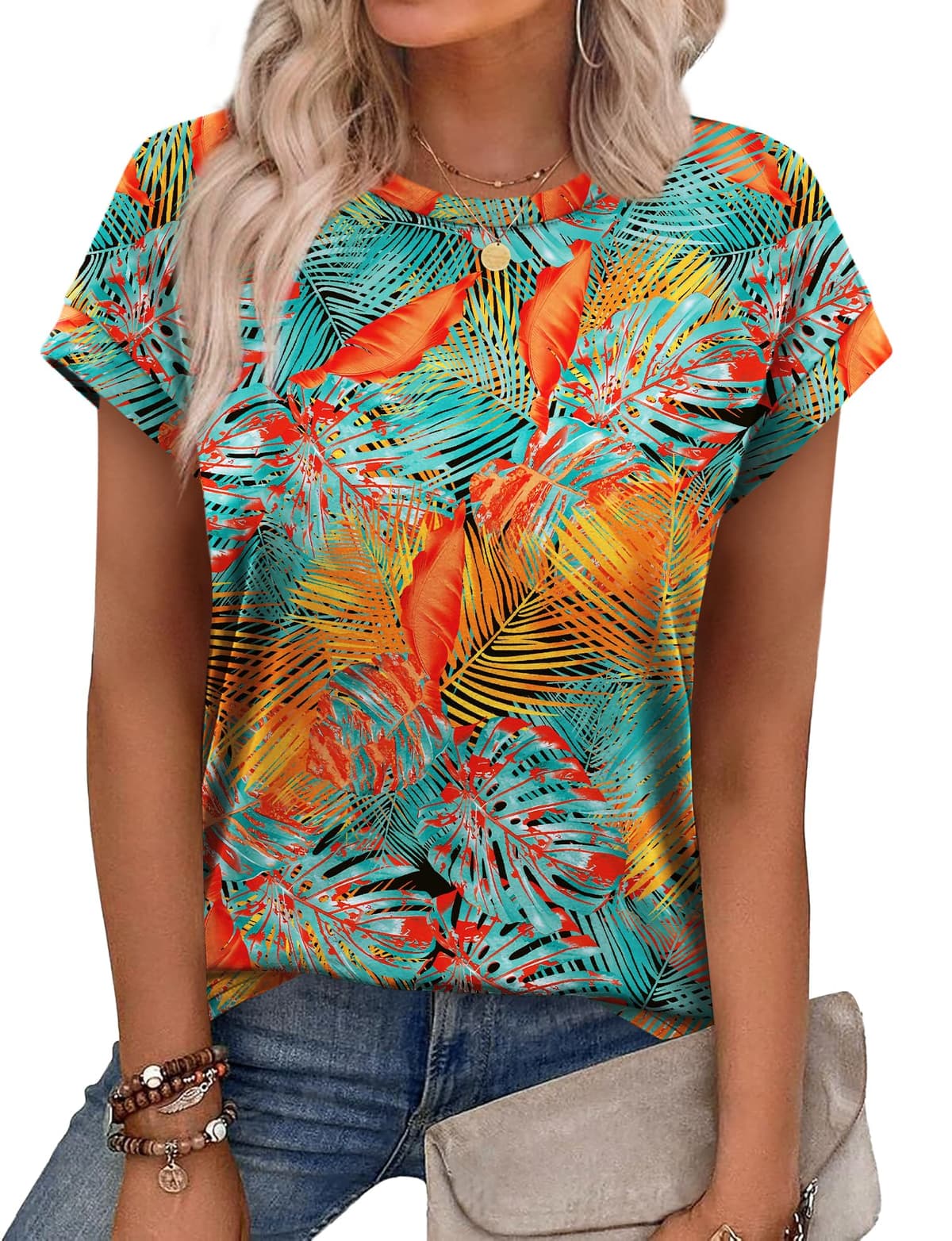 Aokosor Womens Summer Tops Floral Printed Short Capsleeve Shirts Crew Neck Cute Fashion Dressy Tunic Blouses for UK — view 7