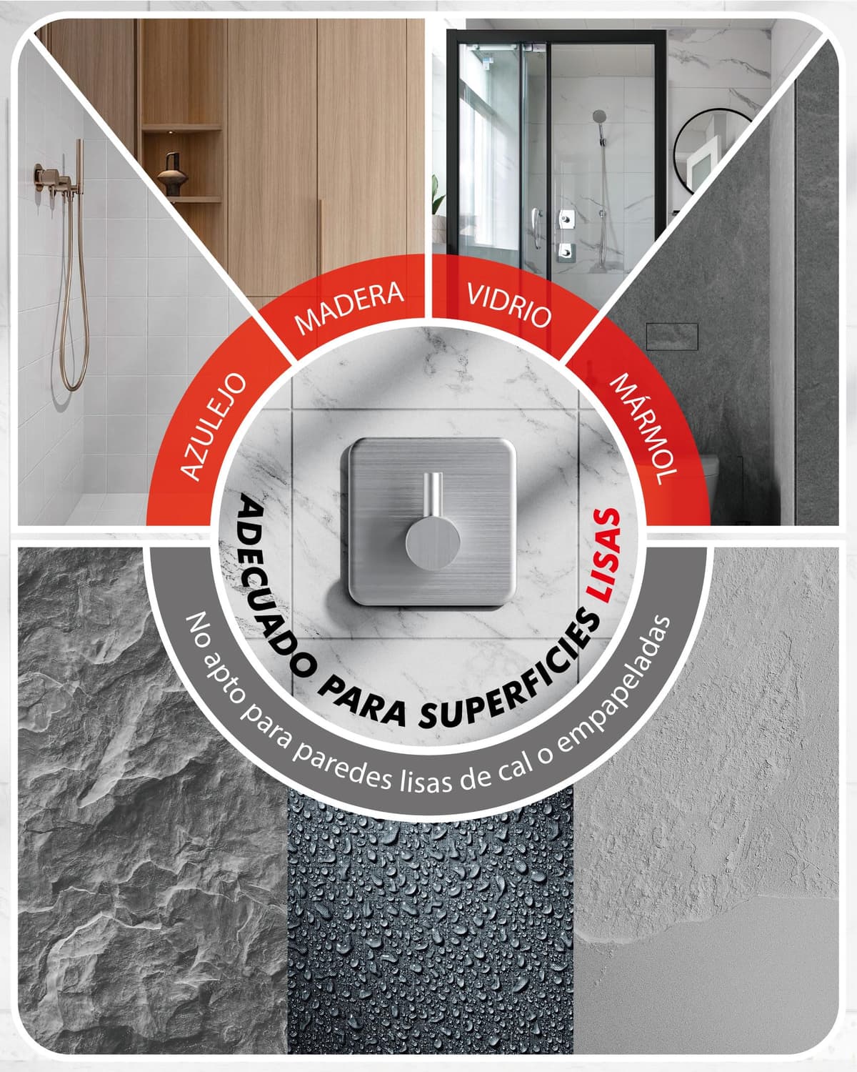 Auxmir Ganchos Adhesivos para Pared, Acero Inoxidable Colgador Toallas sin Taladro, Toalleros Autoadhesivo Extrafuerte para Baño Cocina Albornoz Trapos, Gris, 6 Piezas — view 7