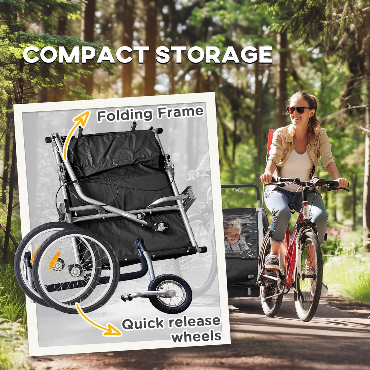 HOMCOM 2 Seat Bike Trailer for Kids, Baby Bike Stroller with 5 Point Harness, Child Bicycle Trailer with Safety Flag, Reflectors, Windproof Curtain, for 18+ Months, Black — view 5