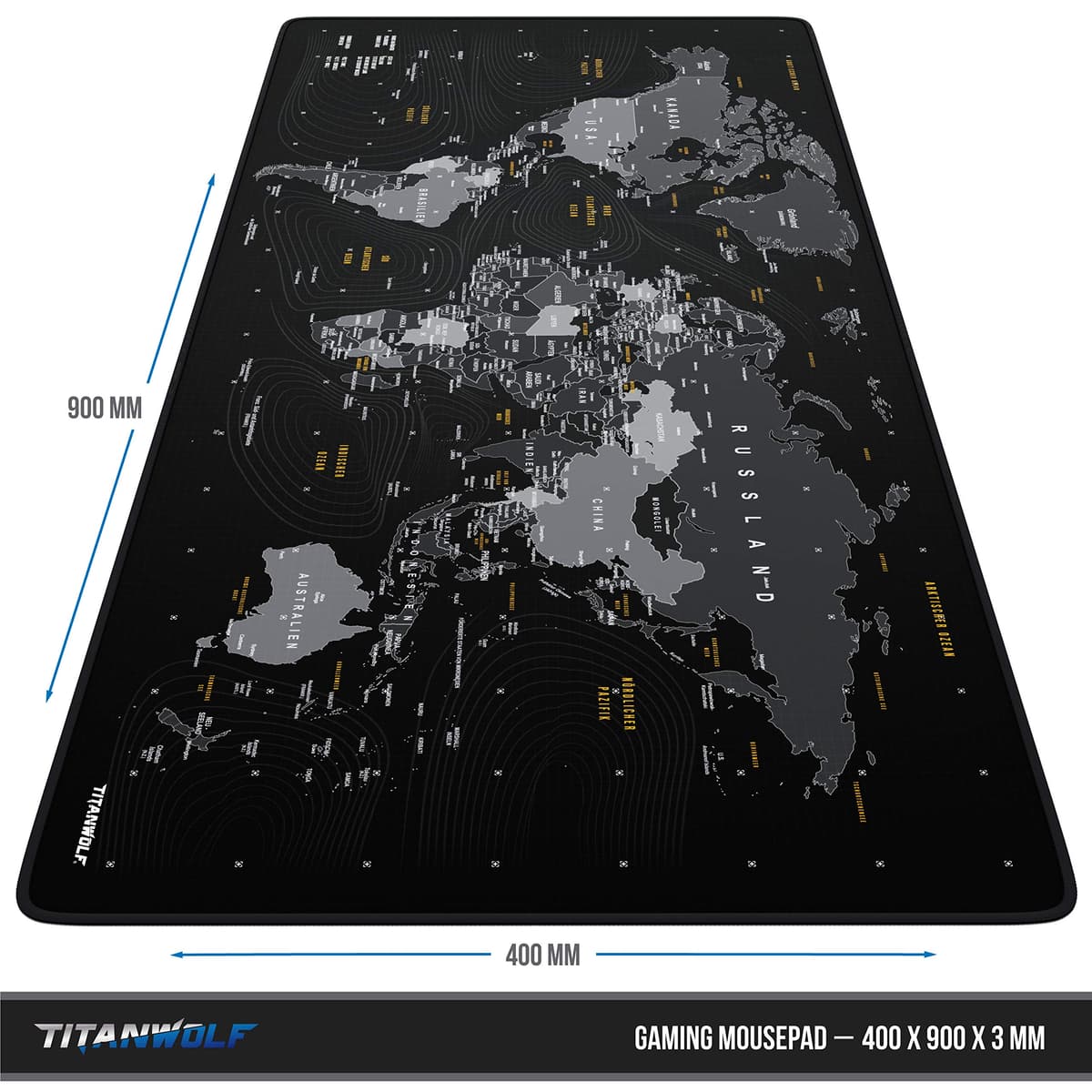 Titanwolf – Alfombrilla de ratón para Juegos – Titanwolf XXL – 900 x 400 x 3 mm – Alfombrilla de Escritorio Grande – XXL Alfombrilla de ratón para Juegos y Oficina – Mapa del Mundo Negro — view 2