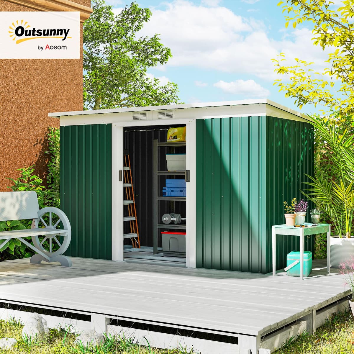 Outsunny Caseta de Jardín Exterior 3,2 m² 280x130x172 cm Cobertizo de Jardín Exterior con Puerta Corredera Techo Inclinado Base Refuerzo (Suelo NO Incluido) y 2 Ventanas Verde Oscuro — view 2