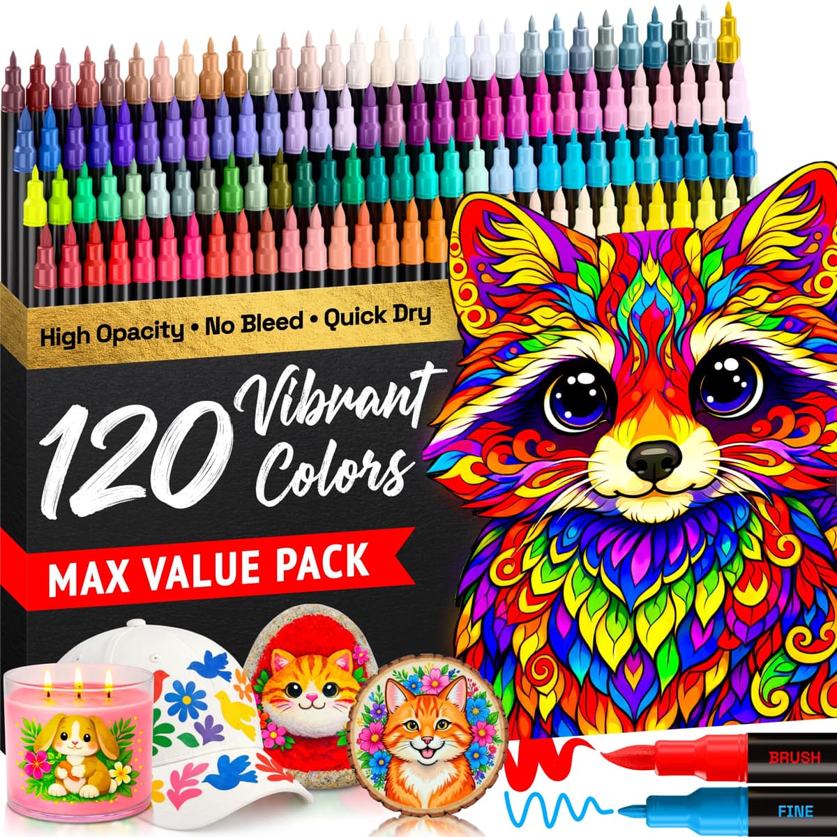 ARTISTRO 5 Black Acrylic Paint Pens – Dual Tip (Brush & Fine) Markers for Fabric, Canvas, Rock, Glass, Wood – Calligraphy, Scrapbook Supplies DIY & Gift for Kids, Teens - Art Set — view 13