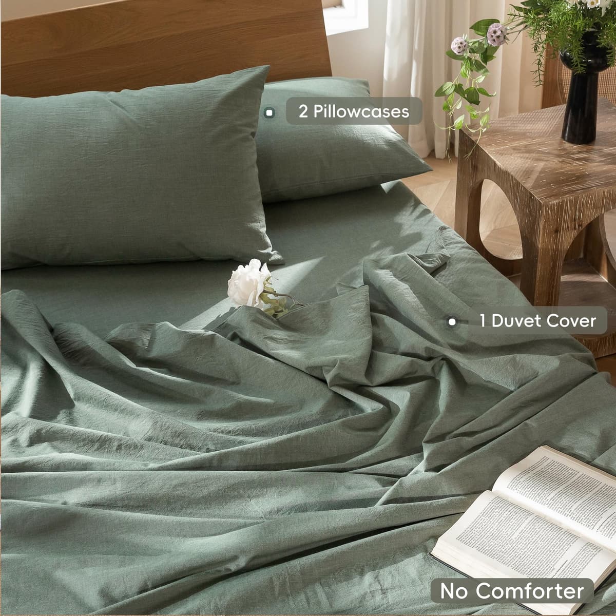 MooMee Bedding Duvet Cover Set 100% Washed Cotton Linen Like Textured Breathable Durable Soft Comfy (Tannish Linen Grey, King) — view 82