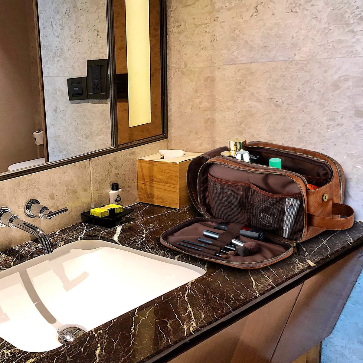 Elviros Water-Resistant PU Leather Toiletry Bag for Men Large Travel Wash Bag Shaving Dopp Kit Bathroom Gym Toiletries Makeup Organizer with Wet Dry Bag,Gift for Men — view 8