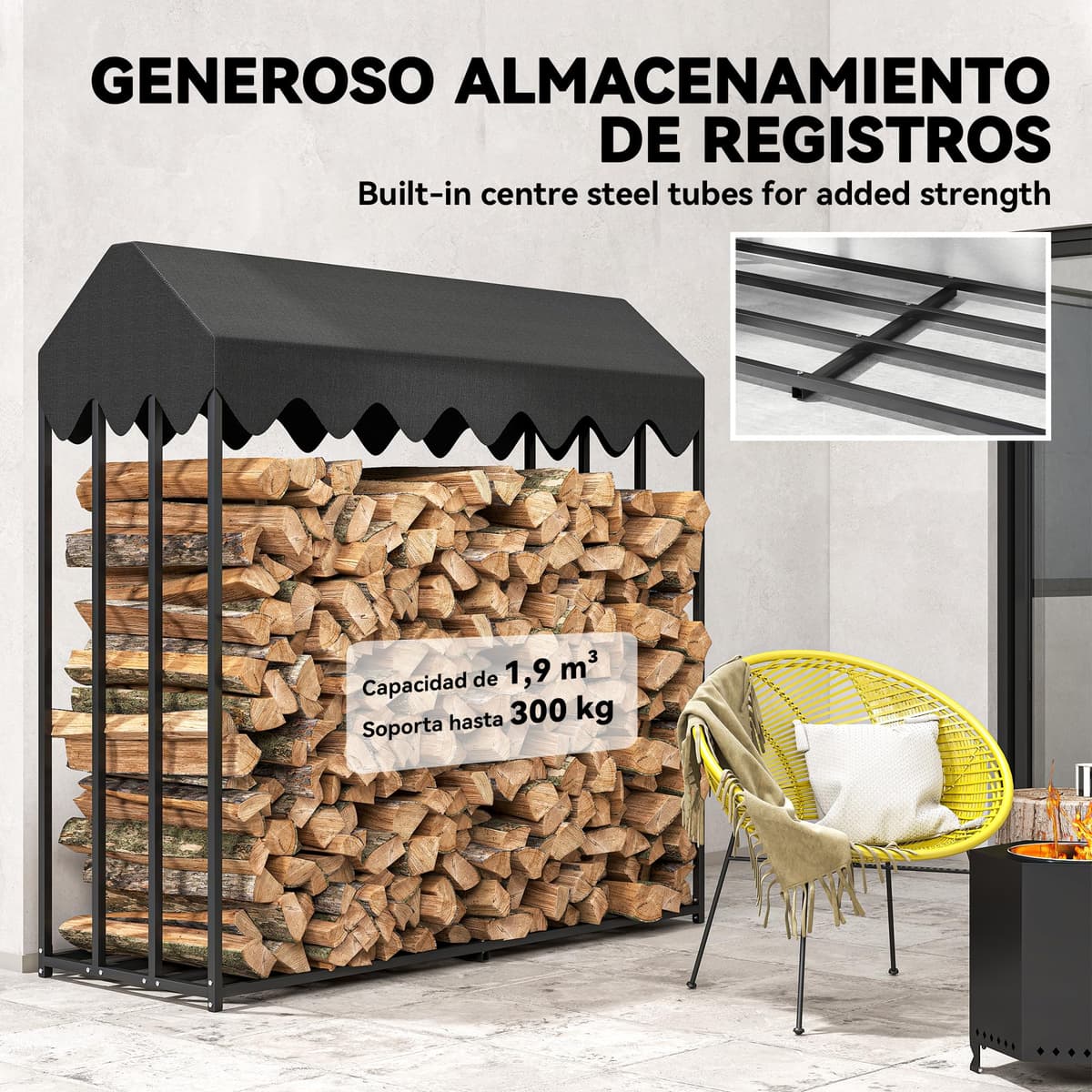 Outsunny Estante de Leña Metálico, 186x70x185 cm, Leñero Exterior con Cubierta Impermeable 600D Oxford, Marco de Acero, Soporte para Leña de Chimenea, para Jardín, Terraza — view 3