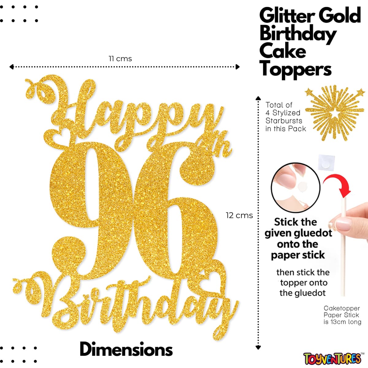 Gold Glitter 96th Birthday Cake Topper Set – 5 Piece Premium Glitter Birthday Decoration & Party Supplies for Men, Women & Kids – 96th Birthday — view 4