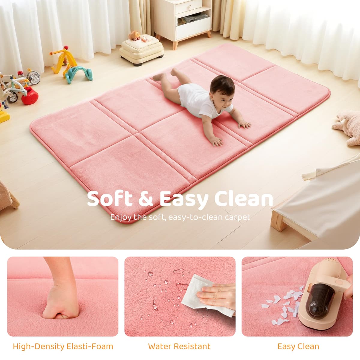 BYBYME 3cm Thick Baby Play Mat for Floor, 80 * 150cm Foldable Playpen Mat with Non-Slip Backing for Infant, Kids and Toddler Crawling, and Perfect Carpets for Yoga, Exercise, Pink — view 4
