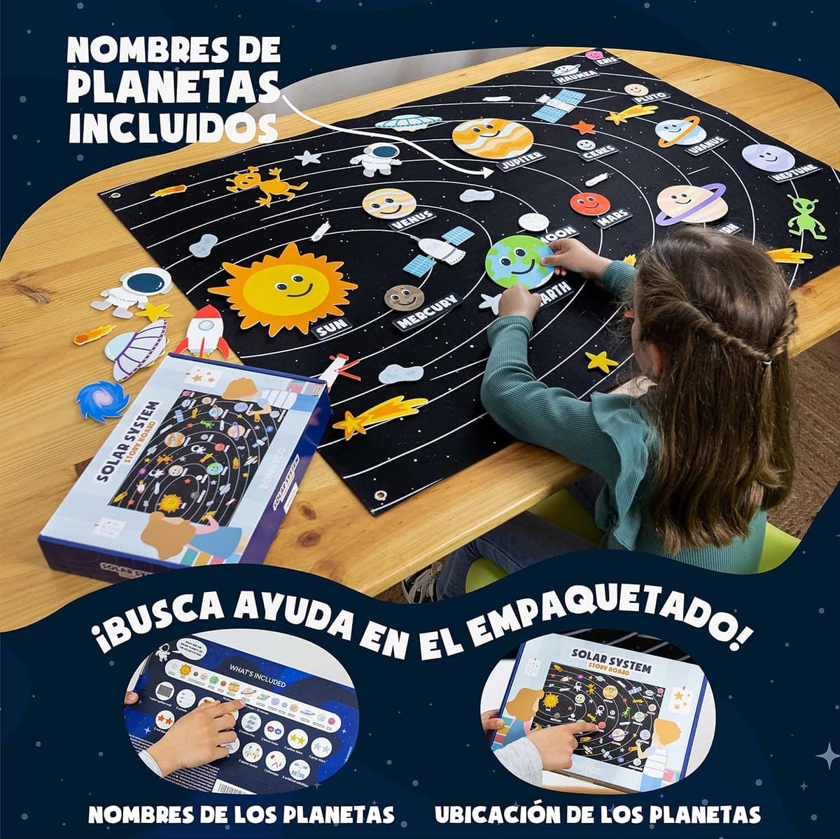 BONNYCO Sistema Solar para Niños con 61 Figuras Fieltro. Planetas Sistema Solar para Niños, Juguetes Montessori 3 4 5 6 7 8 Años. Juegos Educativos, Regalos Infantiles Planetario Cumpleaños Navidad — view 3