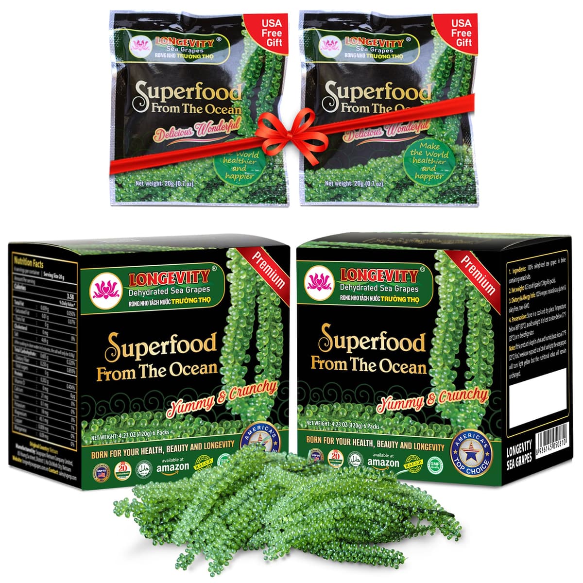 Longevity Uvas de mar - Umibudo verde Caviar -Dehydrated, pérdida de peso, impulsar el sistema inmunológico, valorado Regalo De Mar, 8.5 onzas de 12 paquetes (original, 240g)
