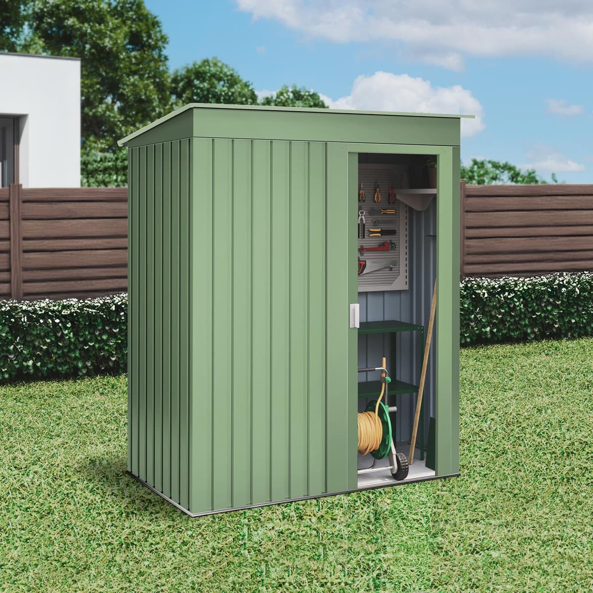 Wasabi - Armario Exterior Terraza 1,39m2 Neat Verde - Puerta Corredera - Techo Inclinado - 162x86x181cm - Caseta Jardín Resistente - Cobertizo Almacenamiento — view 3