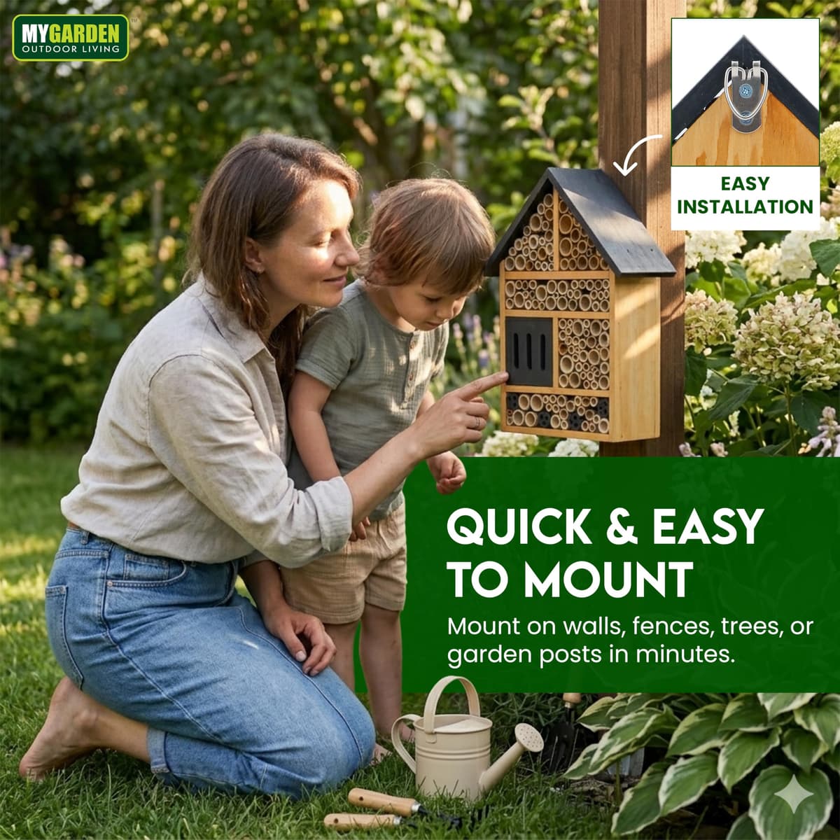 My Garden Insect House for Garden Bees & Butterflies - Outdoor Bug Hotel Shelter, Solid Pine Wood Bee House with Multi Chambers - Weather Resistant Wildlife Habitat, Easy Mount — view 5