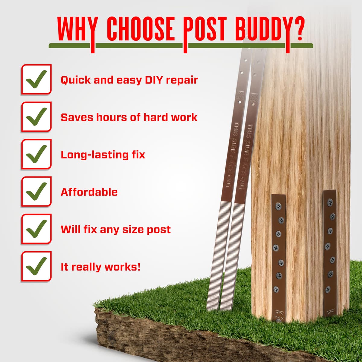 Post Buddy Pack of 4 Easy Fence Post Repair Kit (to Fix 2 Broken Wood Posts), Quick and Simple to Install, Effective, Durable Steel Stakes — view 4
