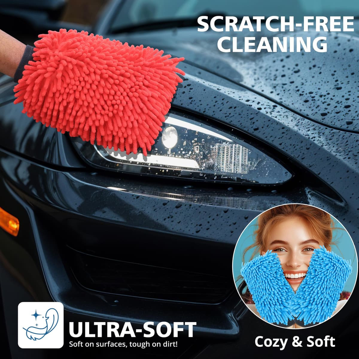 Microfibre Car Wash Mitt - Ultra-Soft, Super Absorbent & Scratch-Free Wash Mitt Glove for Car Washing, Lightweight & Durable, Safer Than Sponge & Wash Cloths, Effectively Traps Dirt-2 Pack — view 5