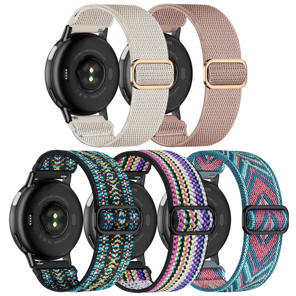 Laband 20mm Nylon Watch Straps for Garmin Vivoactive 6/5/3/3 Music/Forerunner165/55/645/245/570 42mm band, 5 Pack Soft Stretchy Fabric Adjustable Replacement Sport Straps for Venu/Venu Sq 2 Women Men — view 8
