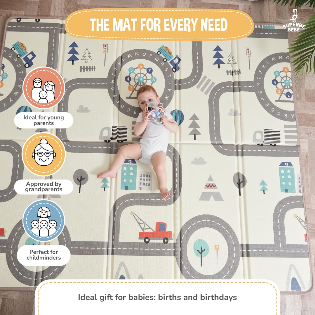 Reversible and Non-Toxic Thick Foldable Waterproof Foam Baby Play Mat 180x160x1cm. Floor Mat for Kids Toddlers Children. for Boy or Girl Child's Room. Extra Large Size SUPERBE BEBE ® — view 3