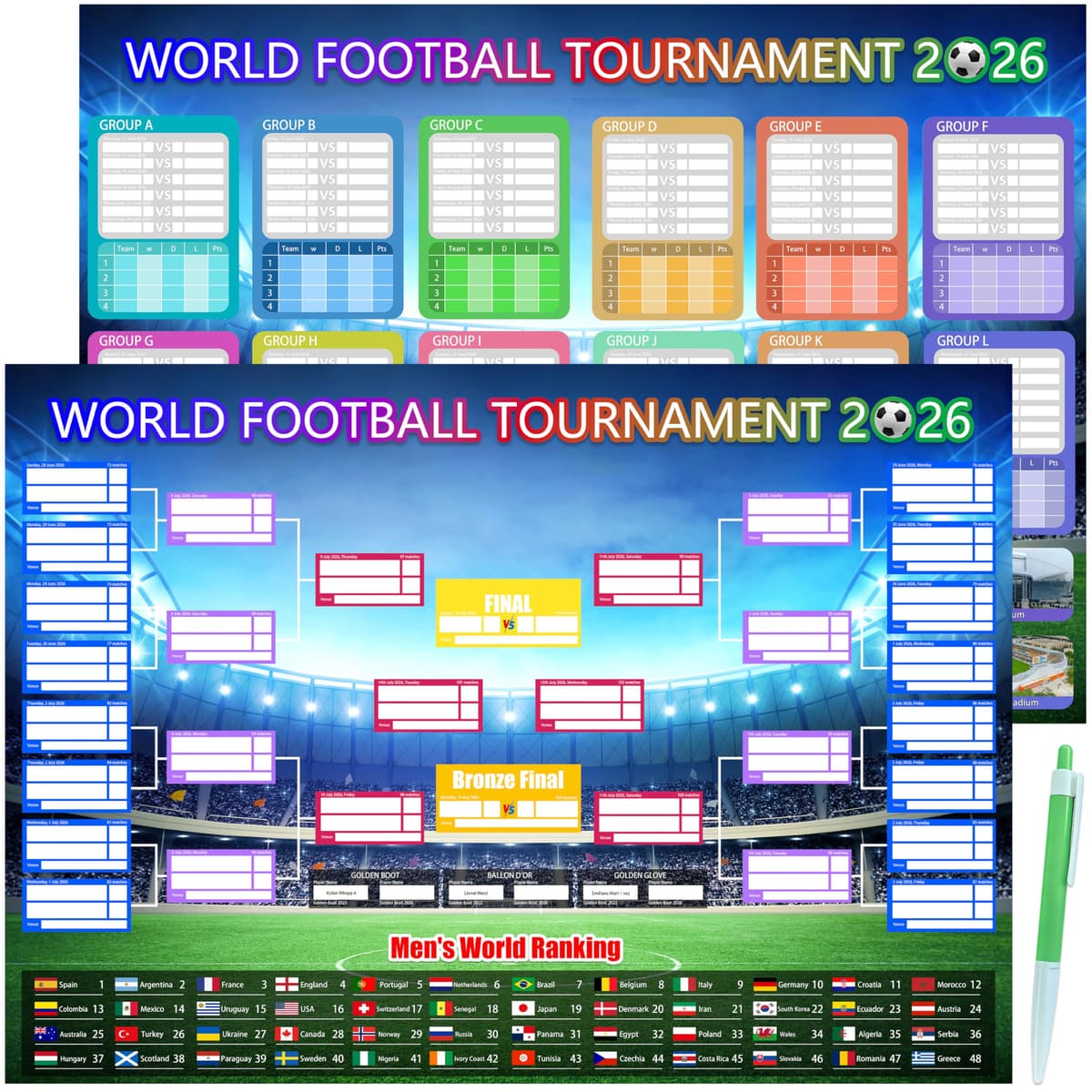 2PCS World Cup Football 2026 Foldable Poster 58x42cm Team Information and World Cup Football Match Schedule Chart One Handwritten Watercolor Pen Bedroom Gymnasium Wall Display Fan Poster Gift