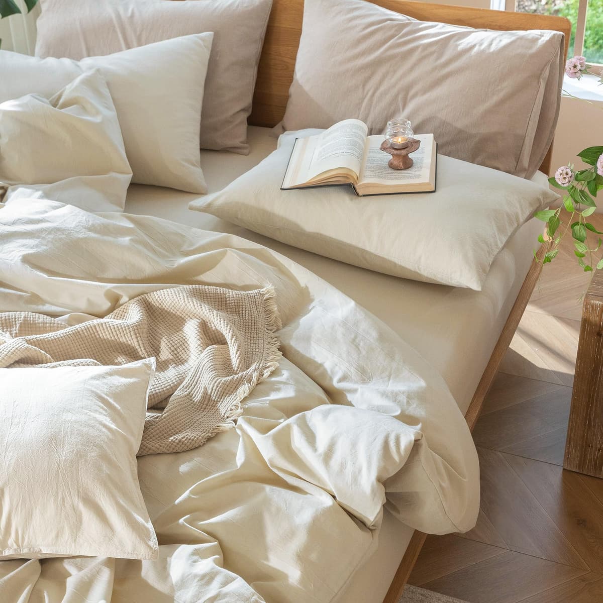 MooMee Bedding Duvet Cover Set 100% Washed Cotton Linen Like Textured Breathable Durable Soft Comfy (Tannish Linen Grey, King) — view 258