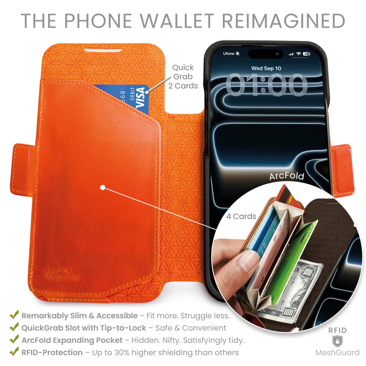 dreem Real Leather Wallet Case for iPhone 17 Pro Max, Revolutionary Vert/Hor Phone Stand, Magnetic Detachable Flip Cover RFID Blocking Card Holder, MagSafe-Fit, Gift Box [Fibonacci: Orange] — view 2
