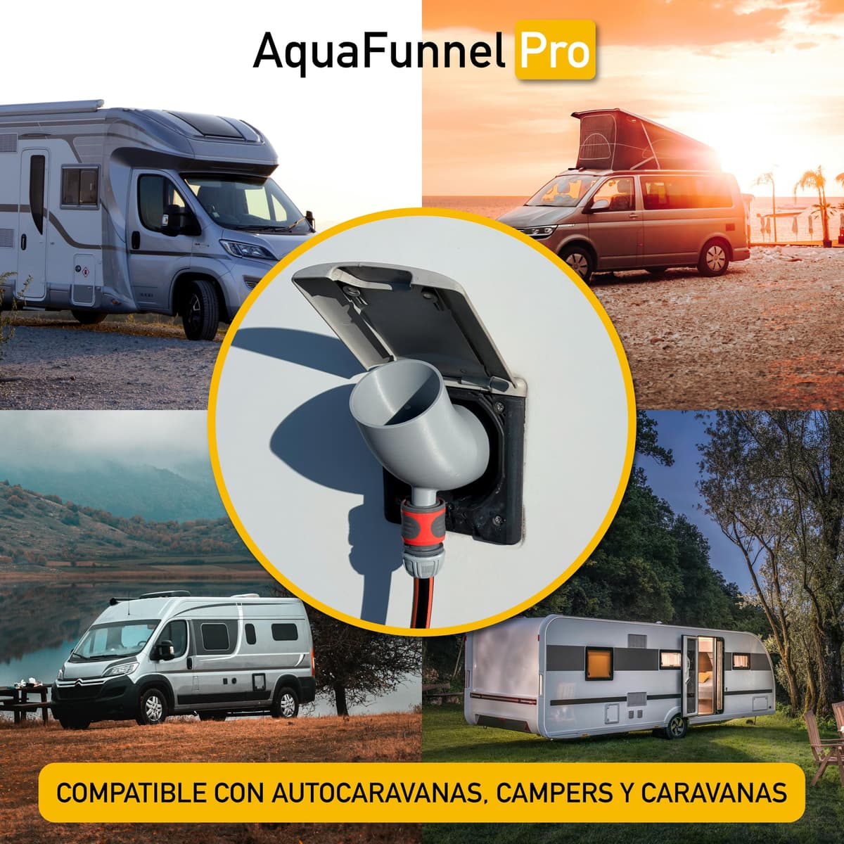 AquaFunnel Pro – Embudo para depósito de agua limpia de autocaravanas y campers, compatible con tapones estándar europeos, llenado con botellas y manguera. (68 mm - 3 pins) — view 3