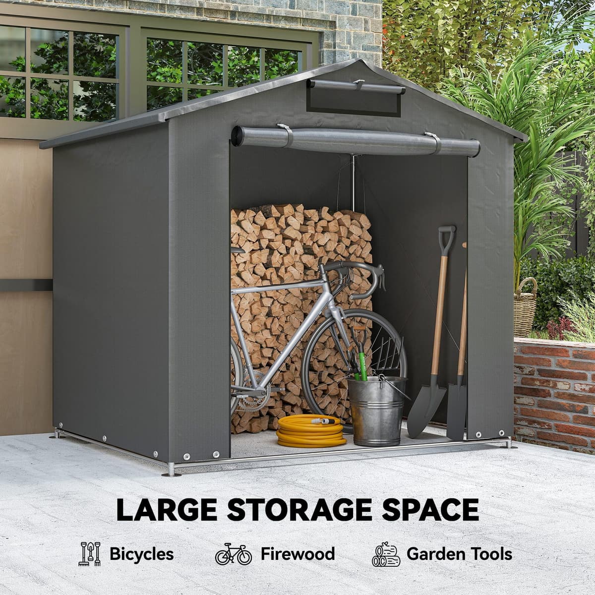 Outsunny 6 x 4 ft Outdoor Garden Storage Shed, Waterproof Bike Tent with Vent and Roll-Up Zipper Door,Outdoor Portable Shed Storage Shelter for Bikes, Dark Grey — view 5