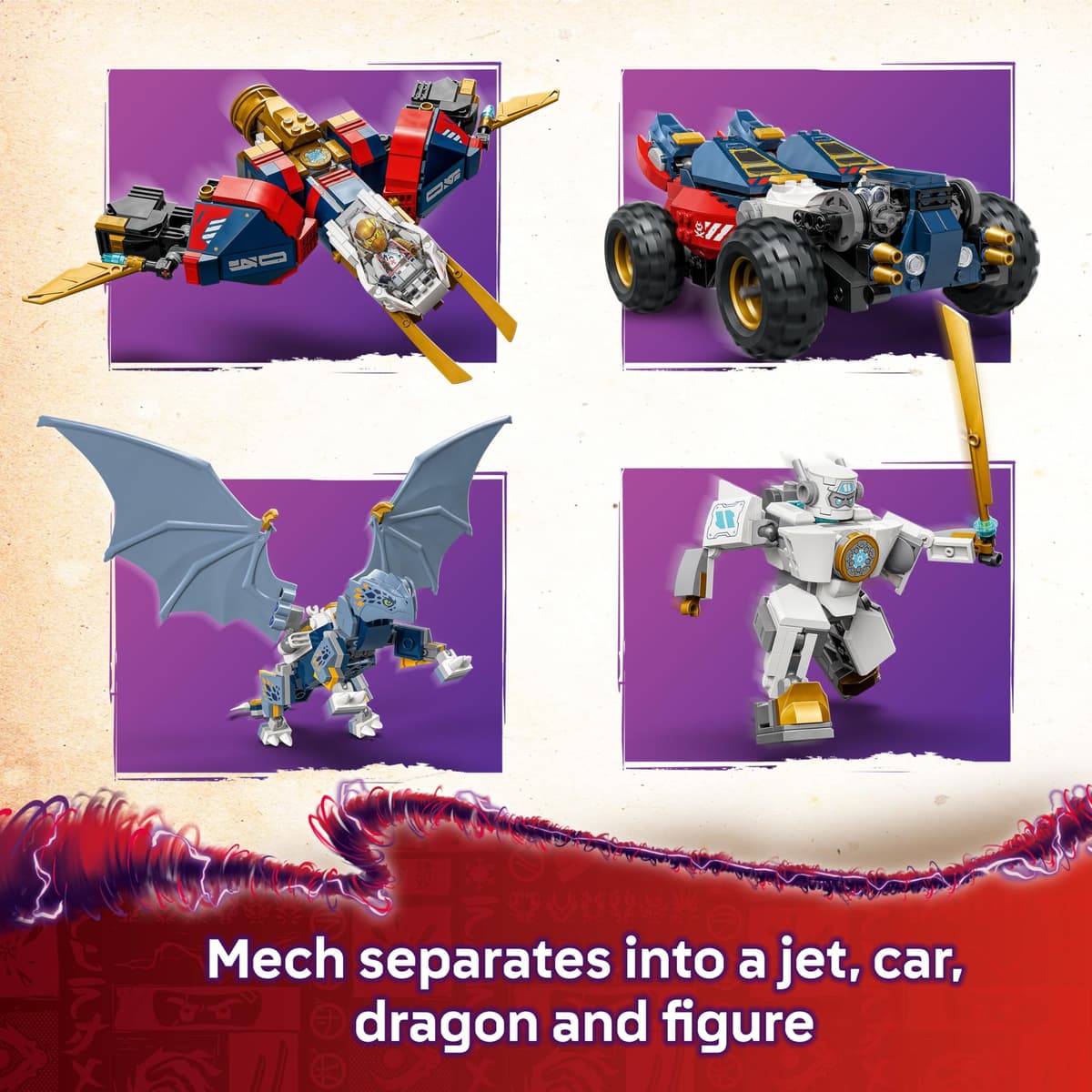 LEGO NINJAGO 4in1 Zane’s Ultra Combiner Mech Toy - Rebuilds into a Jet, Car Model, Dragon & Ninja Figure - Incl. 6 Minifigures for Role Play - Building Set for 9+ Year Old Boys & Girls - 71834 — view 3