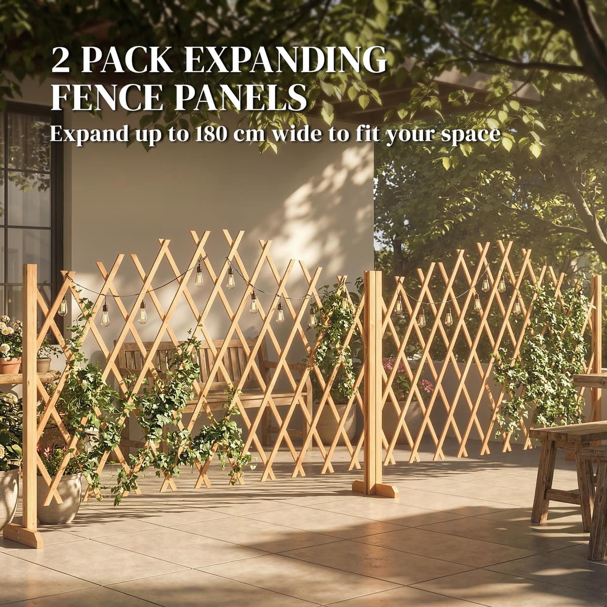 Outsunny 2 Pack Expanding Fence Panels, Wooden Freestanding Garden Fence with Adjustable Length, Stable Feet, Expandable Trellis Fencing for Indoor Outdoor Patio, 180 x 30 x 103cm, Brown — view 3