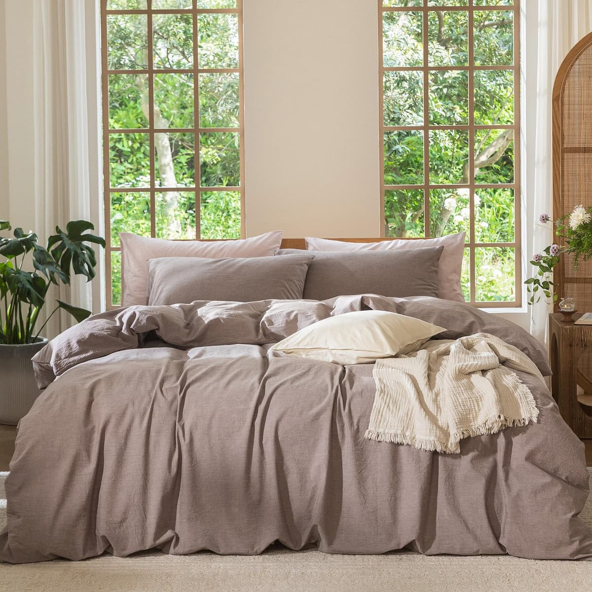 MooMee Bedding Duvet Cover Set 100% Washed Cotton Linen Like Textured Breathable Durable Soft Comfy (Tannish Linen Grey, King) — view 20