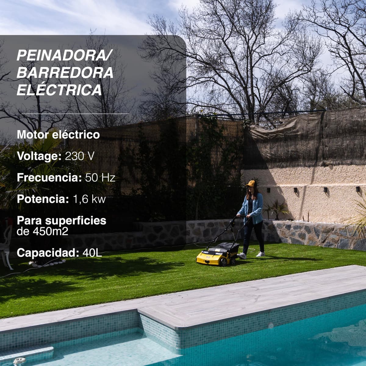 Garland Roll&Comb 502E-V19 - Peinadora/Barredora césped artificial eléctrica enchufable - 1.600 W de potencia, 15'6 kg de peso, ancho de trabajo 40 cm con altura regulable. Saco de recogida de 40 l. Apto para superficies hasta 350 m2. — view 5