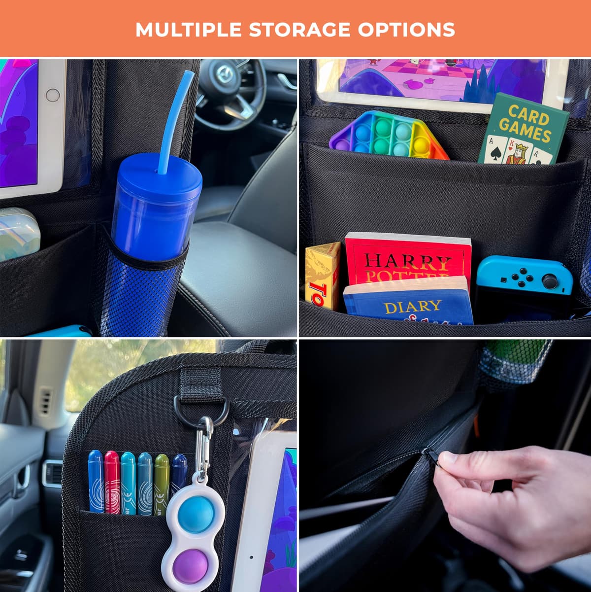 Car Seat Organiser - Kids Back Seat Organiser, Storage Pockets, Screen Holder, Black, 1 Pack — view 5