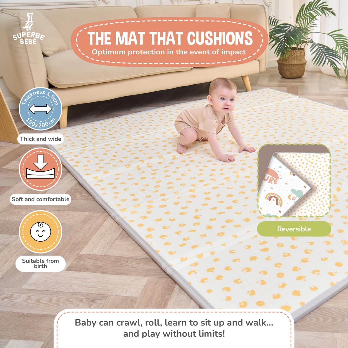 Alfombra Bebe Acolchada Plegable 180x200x1.5cm - Manta De Juegos - Manta Actividades Impermeable Reversible - Tapete De Actividades - Gimnasio Infantil Bebe - Regalo Bebé — view 2