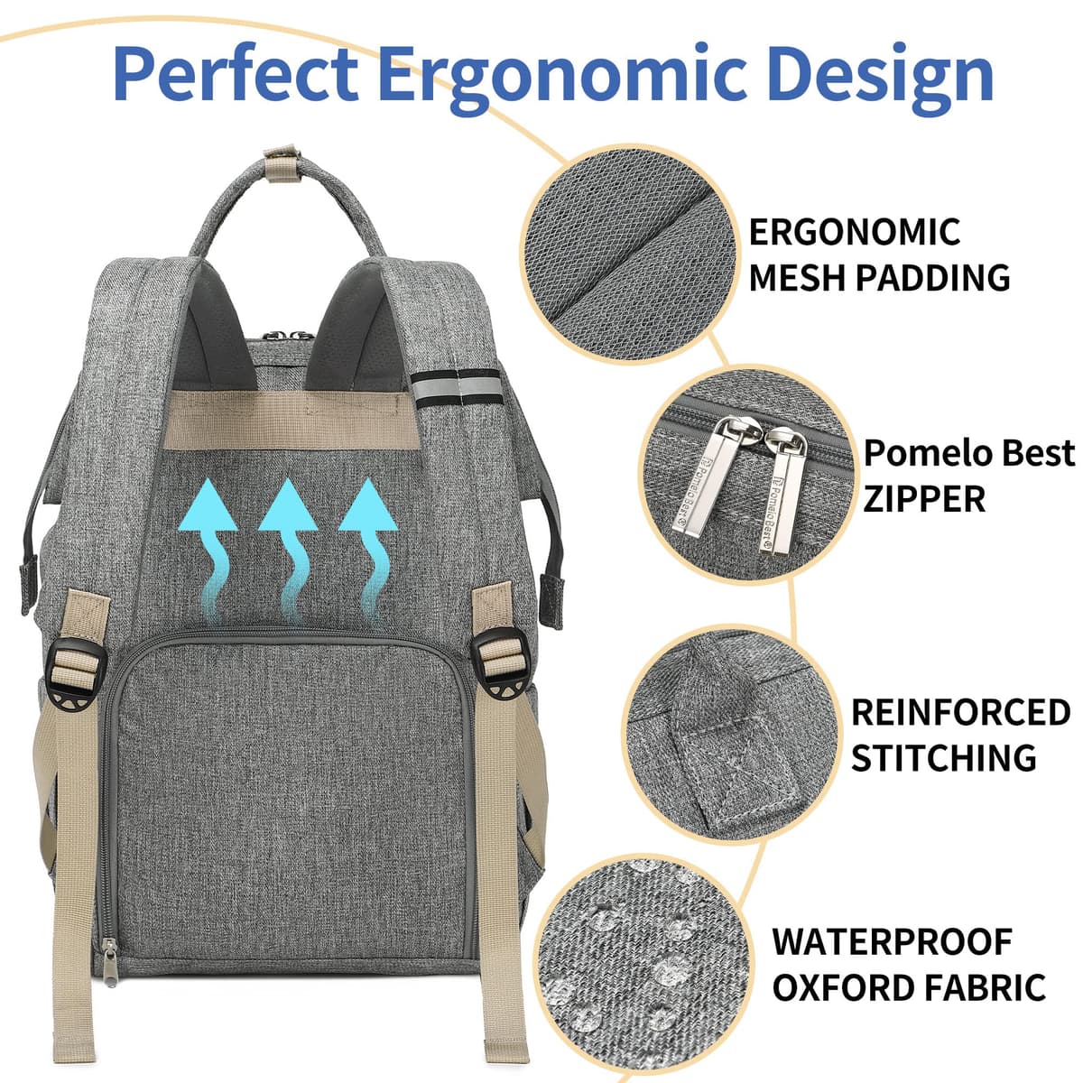 Pomelo Best Baby Changing Backpack Stylish Multifunctional Large Nappy Baby Bag with Changing Mat and Stroller Straps — view 5