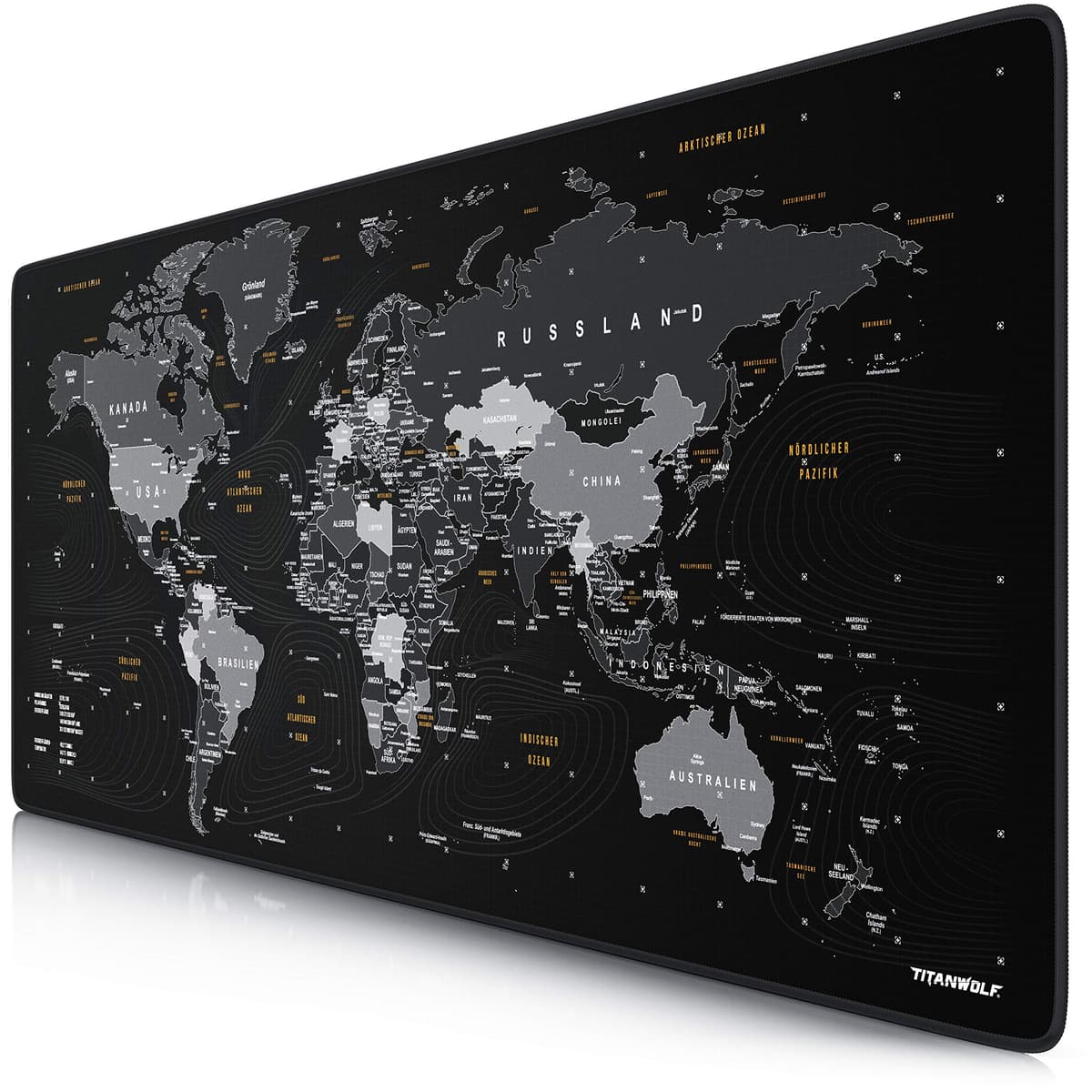 Titanwolf – Alfombrilla de ratón para Juegos – Titanwolf XXL – 900 x 400 x 3 mm – Alfombrilla de Escritorio Grande – XXL Alfombrilla de ratón para Juegos y Oficina – Mapa del Mundo Negro