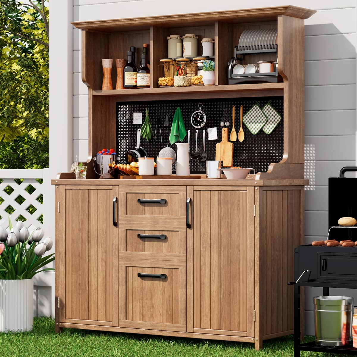 Merax Outdoor Storage Cabinet, Solid Wood, Natural, 120x50x185.1cm, 47kg, Rustic, with 3 Drawers and Metal Pegboard — view 3