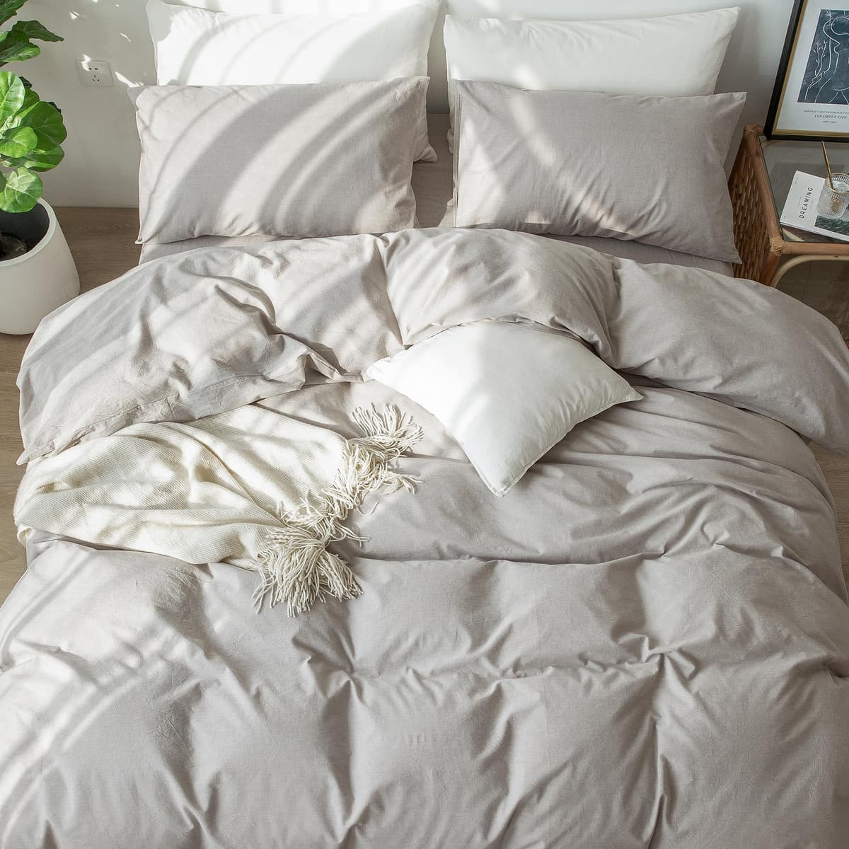 MooMee Bedding Duvet Cover Set 100% Washed Cotton Linen Like Textured Breathable Durable Soft Comfy (Tannish Linen Grey, King) — view 175