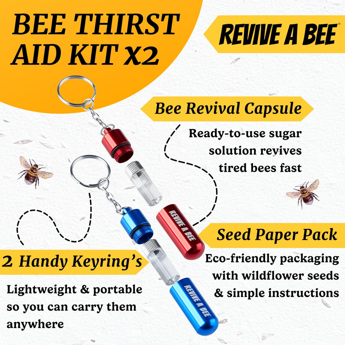 Revive a Bee Gift Box, 2 x Bee Revival Kit Keyrings, 1x Refill Bottle & Plantable Seed Paper, Gift For Eco-Conscious Nature Lovers — view 2