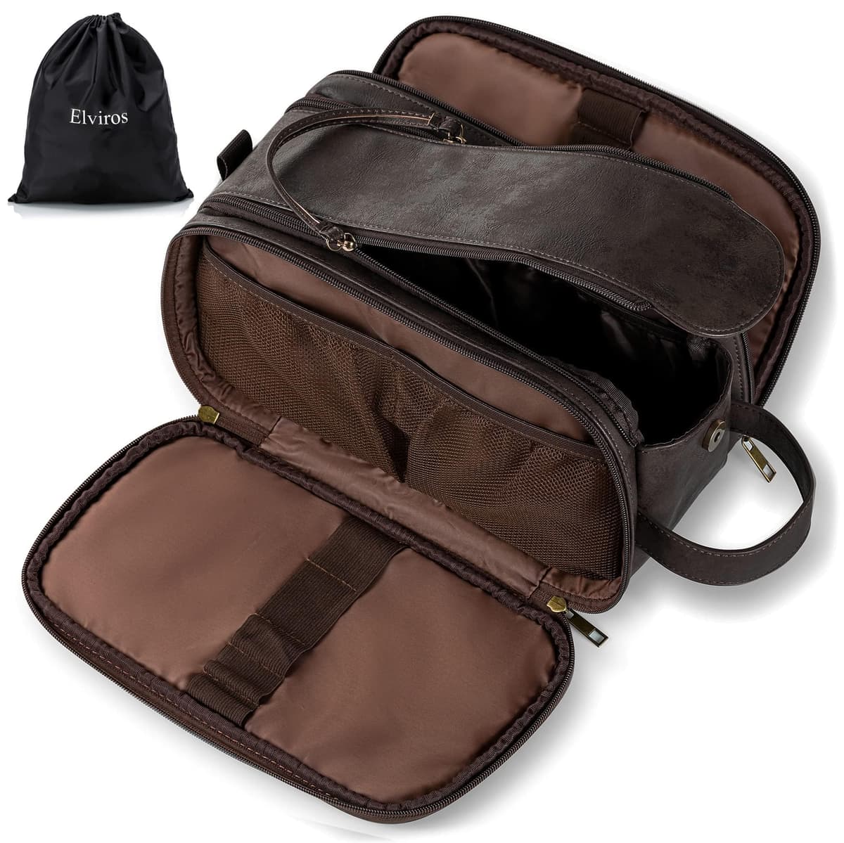 Elviros Water-Resistant PU Leather Toiletry Bag for Men Large Travel Wash Bag Shaving Dopp Kit Bathroom Gym Toiletries Makeup Organizer with Wet Dry Bag,Gift for Men — view 13