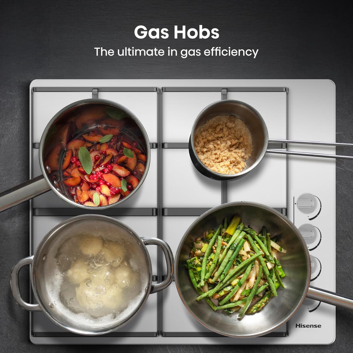 Hisense GM642XHS Built-in 60cm Gas Hob - Stainless Steel with 4 Cooking Areas, Easy Clean Surface, One -Hand Ignition, 60 x 52 x 8.9 cm (L x W x H) — view 5