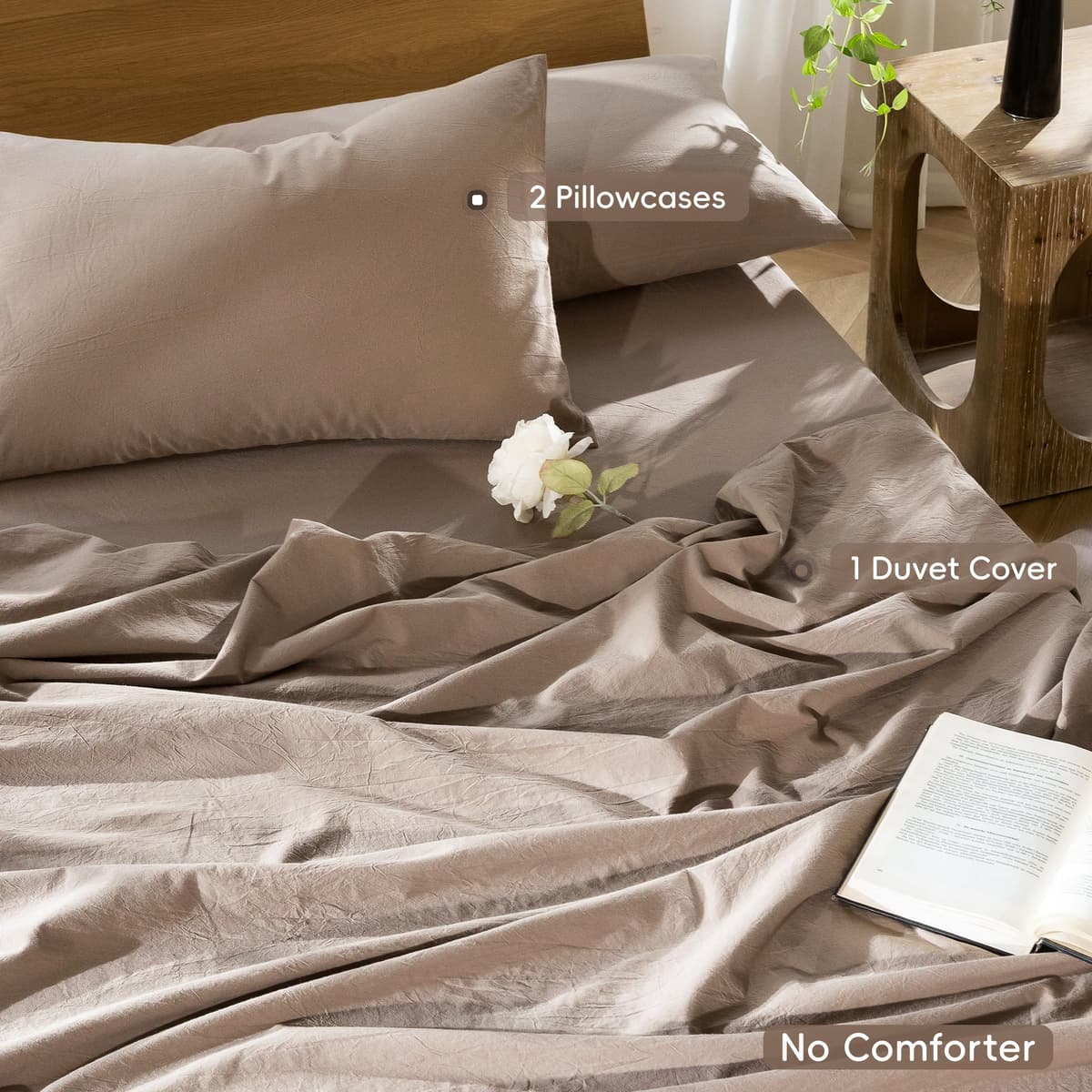 MooMee Bedding Duvet Cover Set 100% Washed Cotton Linen Like Textured Breathable Durable Soft Comfy (Tannish Linen Grey, King) — view 245