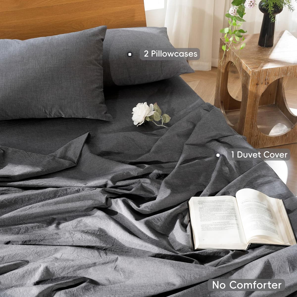 MooMee Bedding Duvet Cover Set 100% Washed Cotton Linen Like Textured Breathable Durable Soft Comfy (Tannish Linen Grey, King) — view 209