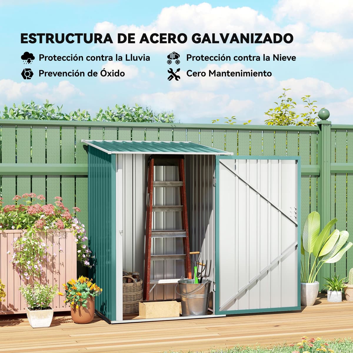 Outsunny Cobertizo de Jardín de Exterior 0,92 m² 100x103x160 cm Caseta de Jardín Metálica con 1 Puerta y Cerradura para Almacenamiento de Herramientas en Patio Terraza Verde — view 3