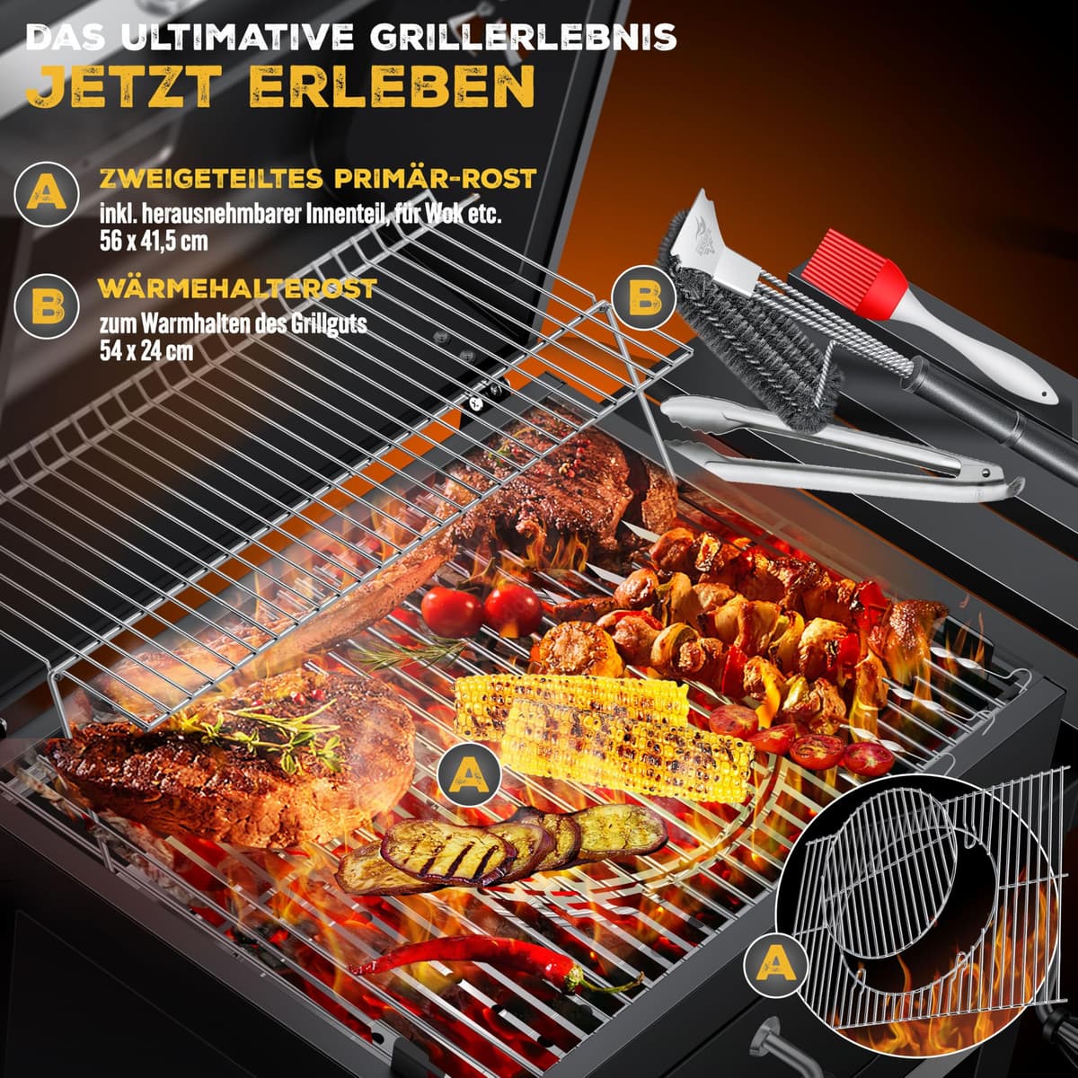 KESSER® Parilla de Carbón con Carrito Grill con Tapa, Ruedas, Mango de Acero Inoxidable | Barbacoa, Cepillo, Cubierta y Termómetro Carbón Wagen Grande BBQ Barbacoa Camping, Jardín XL Negro — view 4